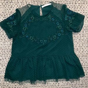 Zara Emerald embroidered floral lace short-sleeve peplum top